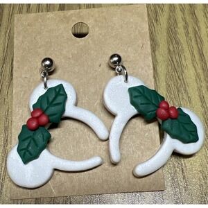 Disney Minnie Mouse Ears‎ Holiday Earrings White Red Green Sparkles! Beautiful